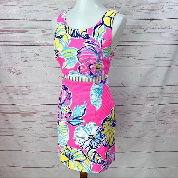 Lilly Pulitzer Iggy Kir Royal Pink Swept By The Tides Cut Out Waist Shift Dress - Picture 6 of 11